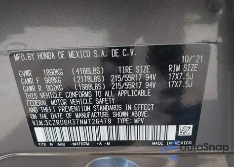 2022 Honda Hr-V Awd Lx from USA, damaged, VIN 3CZRU6H37NM726479